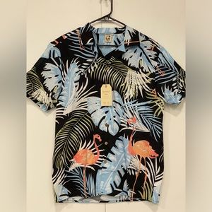 HARDADDY Cotton Hawaiian Shirt w/ Flamingos & Leaves Navy Blue Men’s Size: M